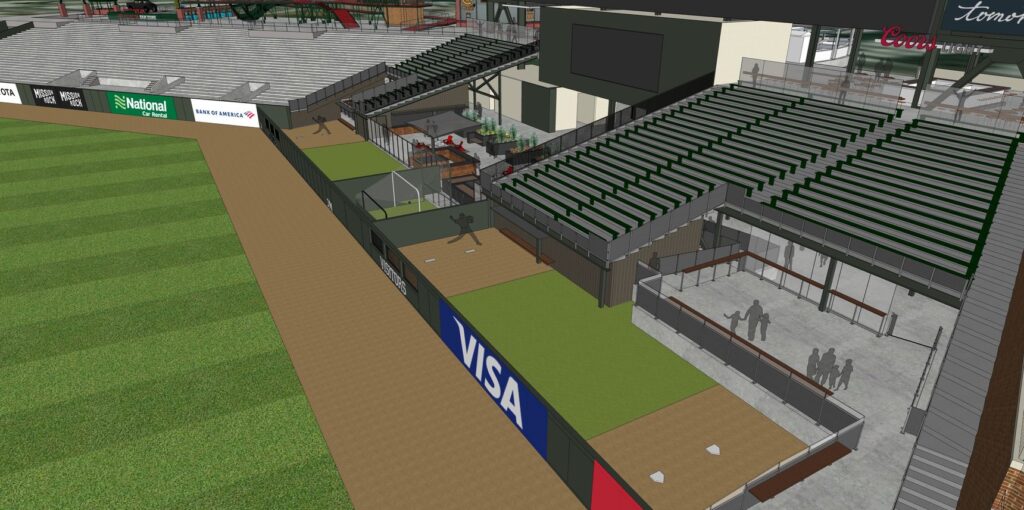 Rendering of the new center field area bullpens and surrounding viewing decks at Oracle Park for the 2020 season.